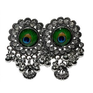 Oxidized Silver Peacock Feather Afghani Jhumka with Ghungroo