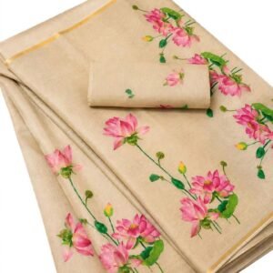 Beige Lotus Linen Saree - Pink Kamal Print