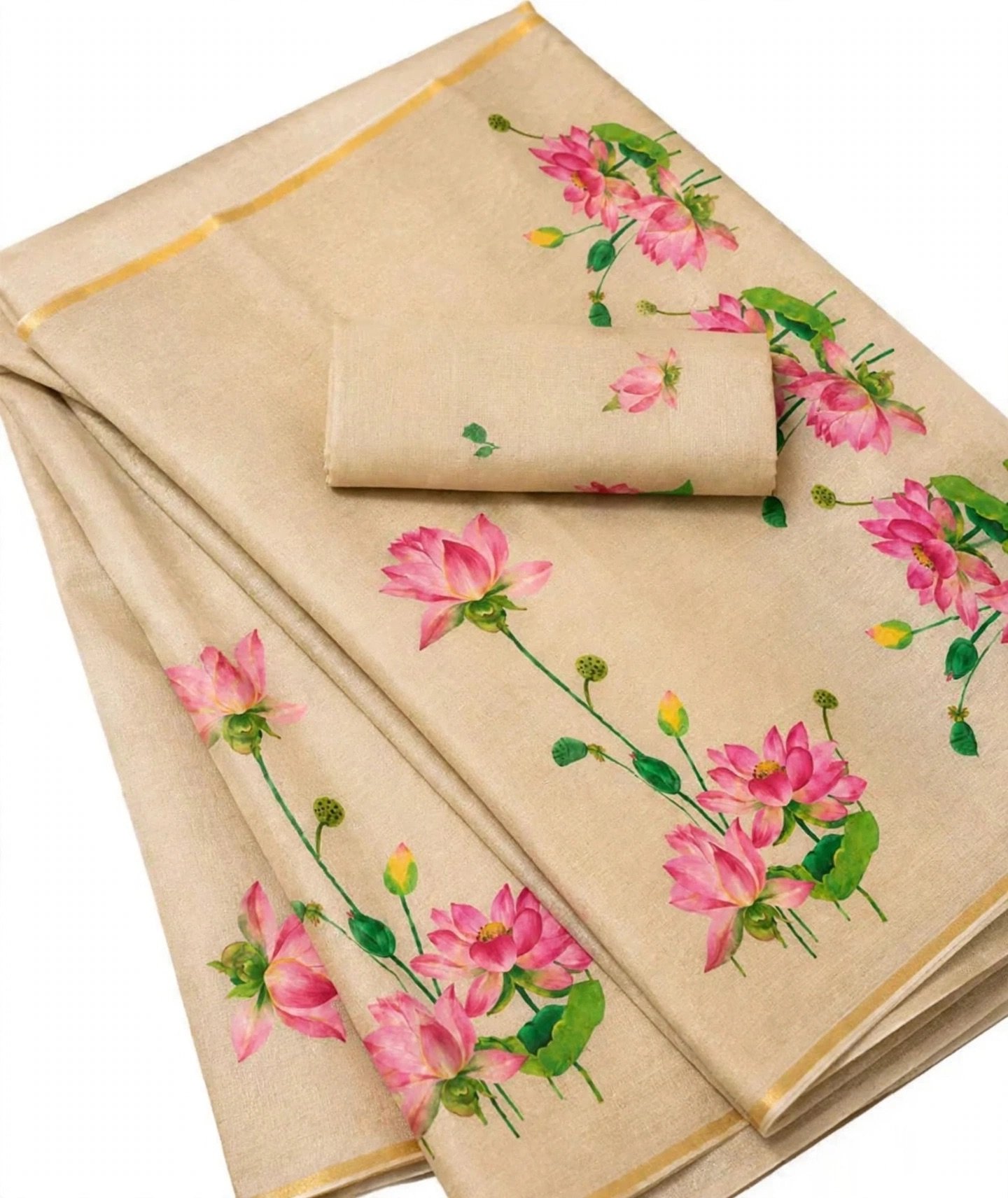 Beige Lotus Linen Saree - Pink Kamal Print