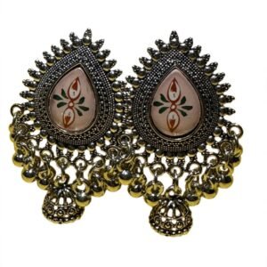 Oxidized Silver Diya Printed Afghani Jhumka with Ghungroo