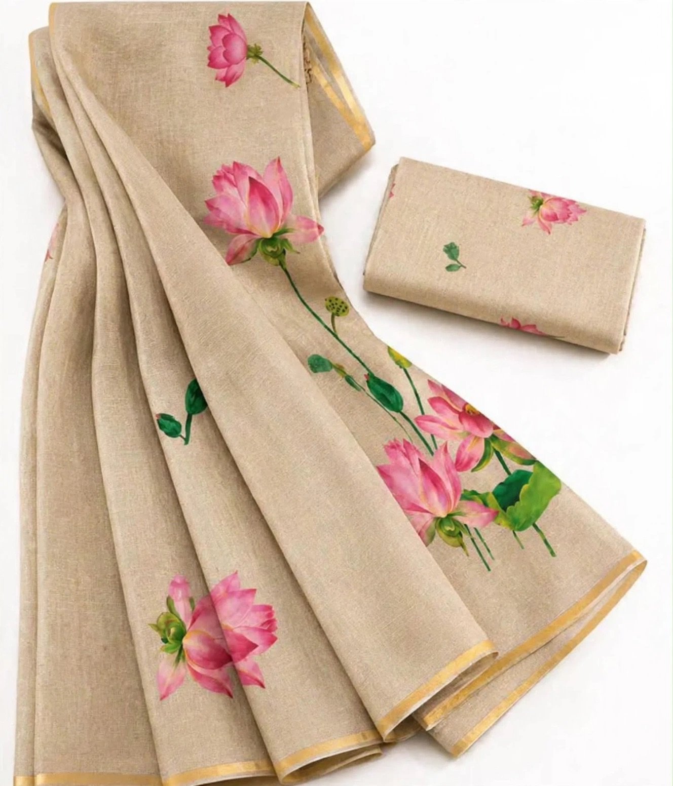 Beige Lotus Linen Saree - Pink Kamal Print-2