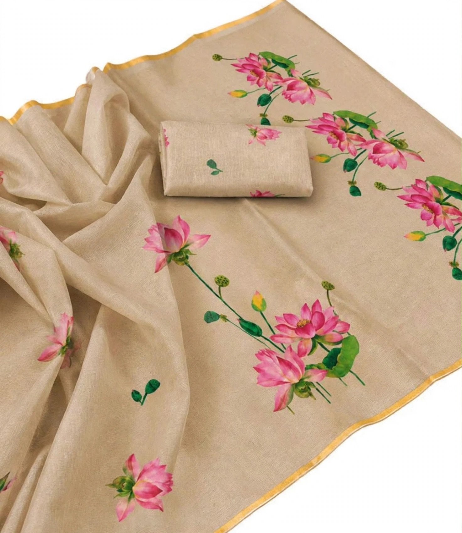 Beige Lotus Linen Saree - Pink Kamal Print-1